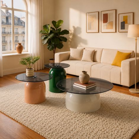 Couchtisch Set 3-teilig rund mit Glasplatte Metall OKMYHOME (1/5)