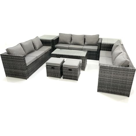 Fimous Outdoor Garden Furniture Set 11 Seater Rattan Sofa Set with Coffee Table 2 Small Footstools 2 Side Tables Dark Grey Mixed (1/5)