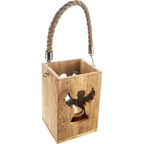 Weihnachtskerzenlaterne aus Holz, Engel-Mango-Motiv, 20,5 cm