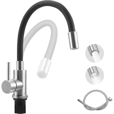 Black flexible kitchen faucet with 2 water jets, 360° swivel kitchen mixer tap with flexible spout, made of high-pressure stainless steel