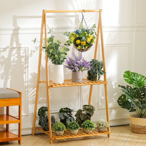 2 Tier Bamboo Hanging Plant Stand Folding Planter Shelves (1/5)