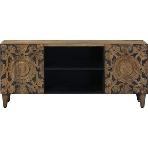 Meuble TV en Bois de Manguier Massif 105x33x46 cm, Console Basse de Salon Style Industriel, Rangement Moderne Couleur Marron (1/5)