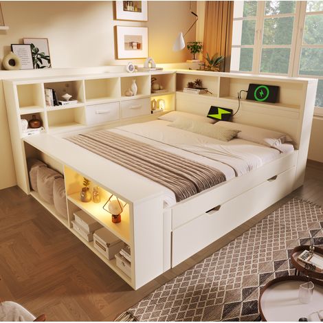 Lit moderne 140x200 cm blanc en bois avec lit gigogne 90x190, 8 rangements, 2 tiroirs tissu et ports USB/Type-C (1/5)