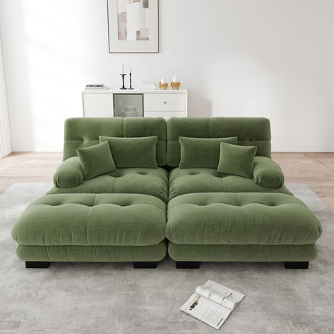 Canapé modulaire fixe en tissu vert avec 2 ottomans, coussins lombaires et décoratifs, accoudoirs rembourrés, configuration U, L ou droite – de FLORAGRACE (1/5)