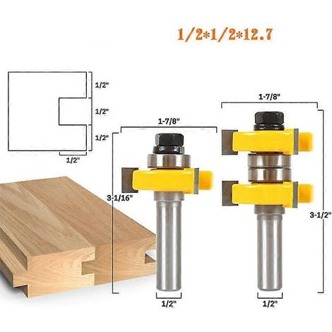 Ensemble de 2 fraises à rainurer en T à queue de 1/4" et 1/2", 3 lames, pour le travail du bois, avec embout de couteau et fraise en carbure fixe.