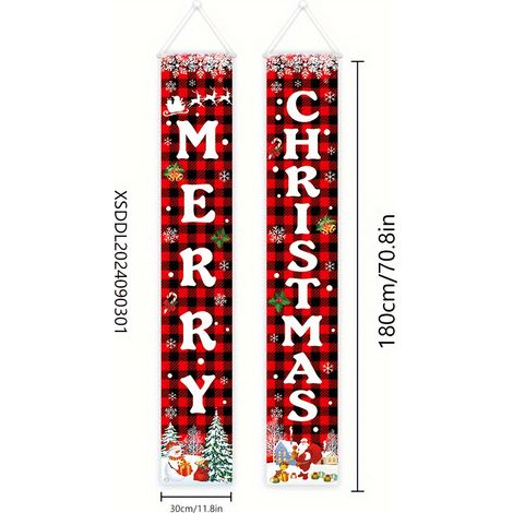 Bannière décorative à carreaux avec le Père Noël et un nouveau couplet de Noël 2026 - 180 x 30 cm - SDJDL-27