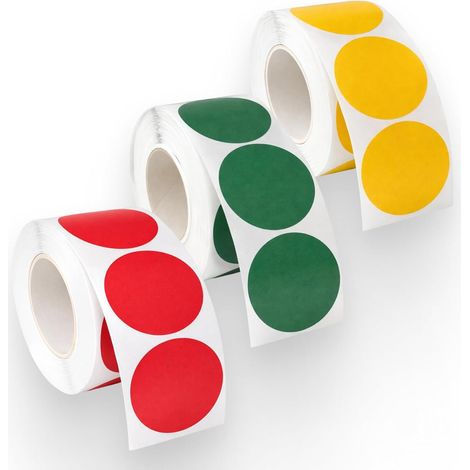 Lot de 3 Rouleaux de 500 Pastilles Autocollantes Rondes 25 mm, Couleur Rouge, Jaune et Verte, Gommettes Rondes pour Codage Couleur, Organisation et Marquage (1/5)