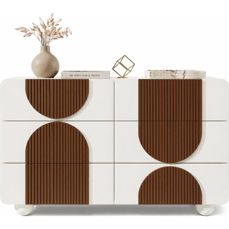 Commode 6 tiroirs blanche design courbé, meuble de rangement élégant avec coulisses silencieuses, anti-basculement et pieds stables pour salon, entrée, chambre CHICFURN (1/5)
