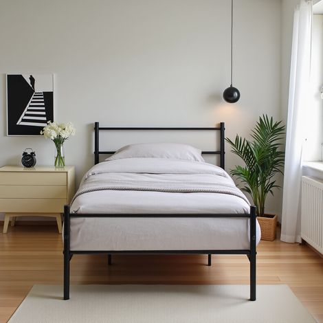 Eggree – Lit simple en métal 90x190 cm – Structure robuste avec lattes en métal – Tapis antidérapants – Espace de rangement sous le lit (1/4)