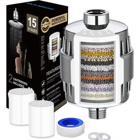 Filtro doccia a 15 stadi con vitamina C, filtro doccia anticalcare, addolcitore d'acqua doccia con cartucce filtranti sostituibili per rimuovere acqua dura, cloro e metalli pesanti. (1/5)