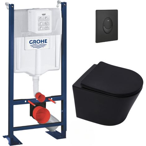 Grohe Pack WC Bâti autoportant + WC Swiss Aqua Technologies Infinitio noir mat sans bride + Plaque noir mat (1/5)
