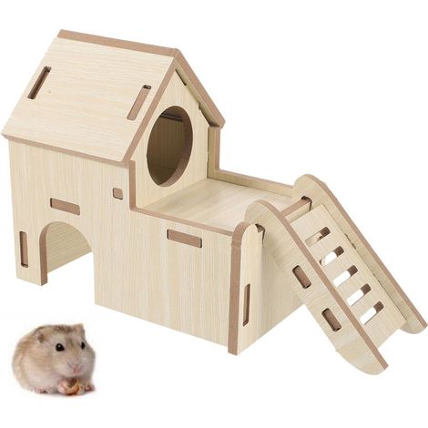 Maison Pour Hamster - Bois Naturel - 16 x 16 x 16 cm - Avec Échelle Et Trous D'Observation - Pour Repos Et Jeu - 1 Pièce