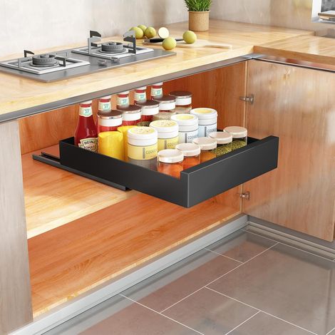 Organiseur de placard de cuisine coulissant extensible, 42Profondeur x 35Largeur x 7Hauteur cm, pas besoin de percer ni de clouer (Noir) (1/5)