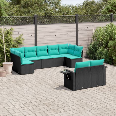 9-teiliges Gartensofa-Set mit Kissen, schwarzes Polyrattan (1/5)