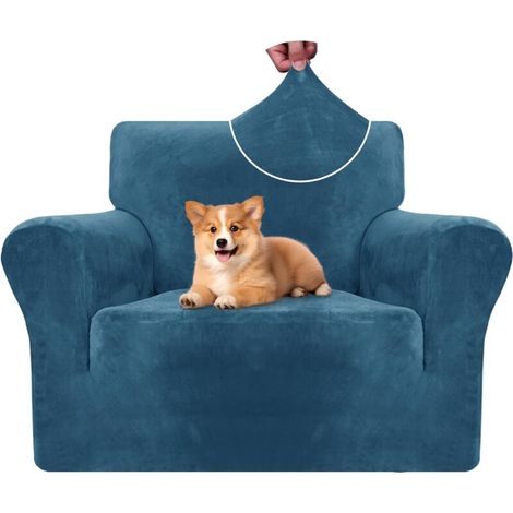 Housse Fauteuil Velour 1 Place, Housse Canape Extensible avec Accoudoirs, Universelle Sofa Cover Antidérapante, Protection Couvre Canapé Anti Poils Animaux, Lavable, Bleu Paon