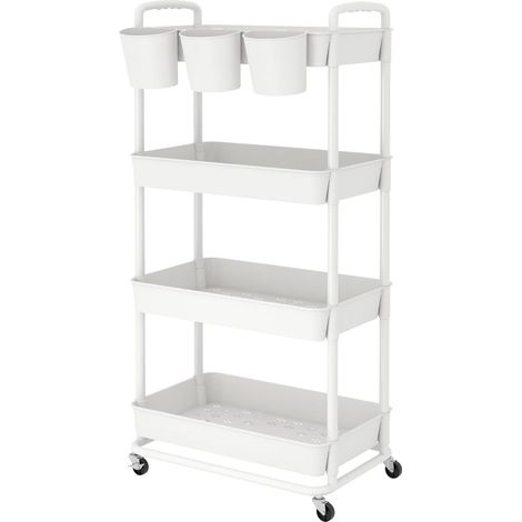1 Chariot de Rangement à 4 Niveaux, Roues Verrouillables, Poignées Intégrées, Gobelets Suspendus, pour Cuisine Salon Salle de Bain (1/5)