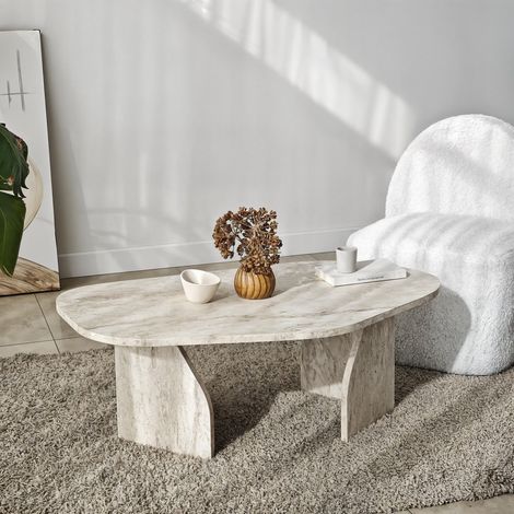 Couchtisch Lozza, Oval, Tischplatte aus Holzdekor, Platte Weiß, 100x60x35h cm, Marmoroptik Weiß (1/5)