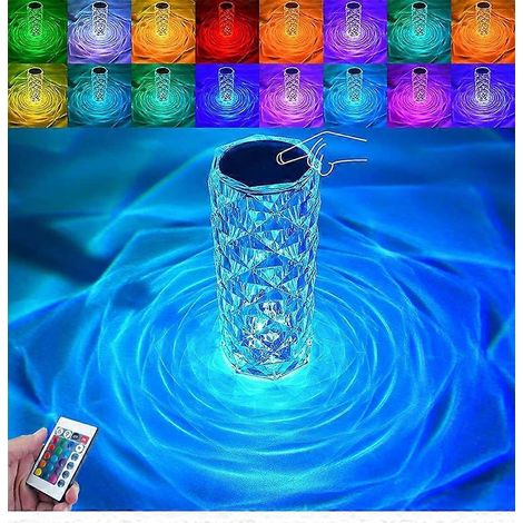 Lampe de table en cristal RGB avec veilleuse tactile, 16 couleurs, 4 modes, design diamant rose