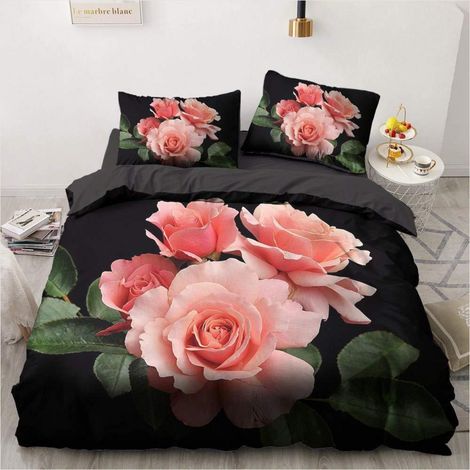 Bettwäsche-Set 200x220cm Rosenmuster Rosa Microfaser mit 2 Kissenbezügen 80x80cm