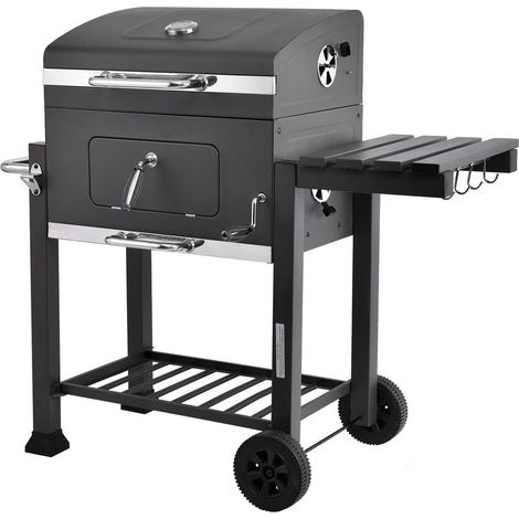 MaxxGarden Barbacoa - Barbacoa de carbón vegetal - 118 cm - Barbacoa carbon vegetal móvil con tapa, estante, trampilla, altura de brasas regulable, termómetro, grill asador parrilla BBQ - Negro (1/5)