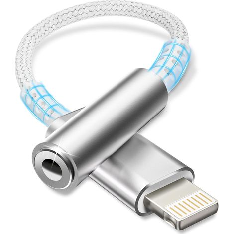 Adaptateur Lightning Jack 3,5 mm Adapter Adaptateur Jack Lightning Convertisseur Ecouteur Compatible avec 14/13/12/11/X/8/Pad/i-OS, Blanc Argenté (1/5)
