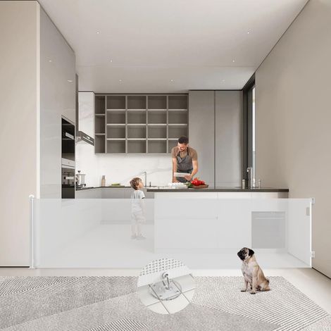 0-300cm Extra Large Barrière de Sécurité Rétractable Opération à Une Main 87cm Haut Bébés Barriere de Securite Enfant Extensible pour Animaux, Barrière Chiens pour Escaliers, Portes, Couloirs, Blanc (1/5)