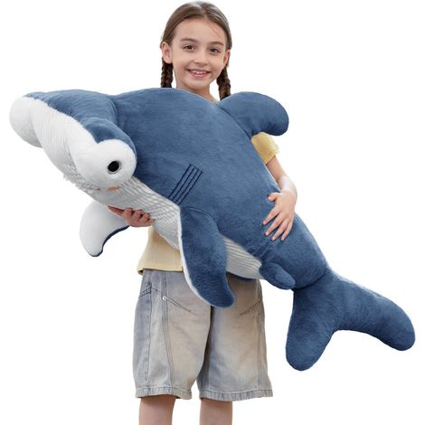 Grande Peluche Requin 110cm - Requin Marteau Bleu Rayé, Doudou Coussin Géant, Cadeau Anniversaire et Noël pour Enfants et Adultes (1/5)