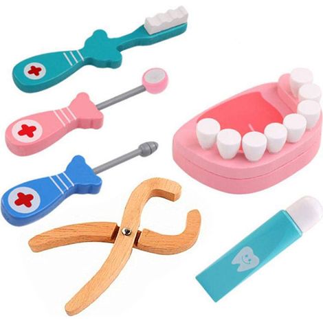 Lot de 6 outils dentaires en bois pour enfants, jouet simulateur de soins bucco-dentaires, kit dentiste éducatif (1/5)
