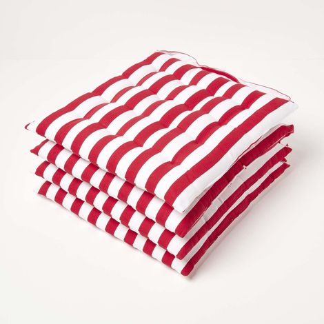 HOMESCAPES Red Stripe Seat Pad with Button Straps 100% Cotton 40 x 40 cm Set of 4