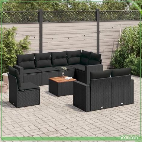 Salon de jardin 9 pièces - FAF7291712422317 - Résine tressée noir - Rangement sous assise - Plateau acacia (1/5)