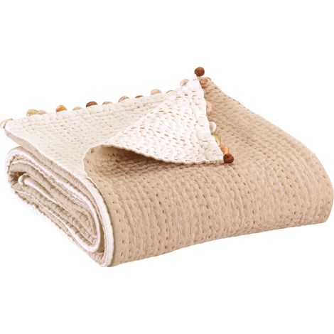 VIVARAISE - Plaid uni Gastounet en coton avec pompons polyester, couleur Sienne, 140 x 200 cm (1/3)