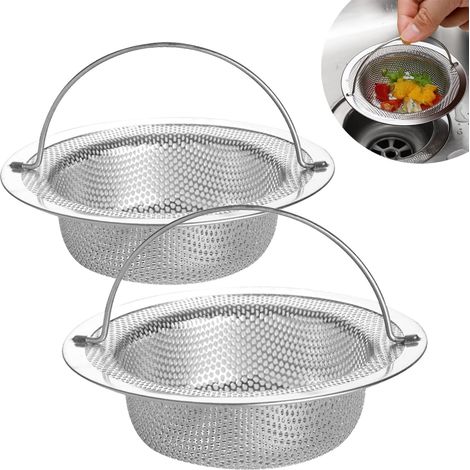Lot de 2 passoires d'évier améliorées en acier inoxydable, diamètre 11,1 cm x profondeur 3 cm, avec poignée pliable, antirouille (1/5)