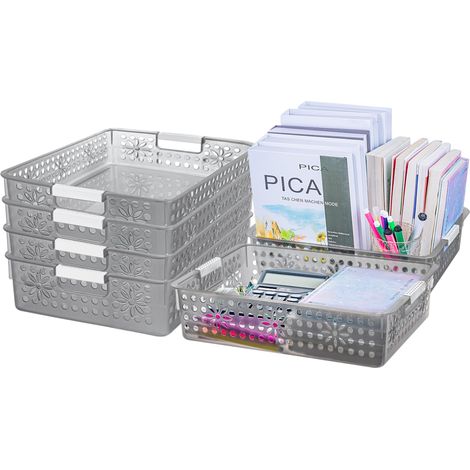 Lot de 6 boîtes de rangement en plastique avec poignée, paniers de rangement avec trou, panier de rangement ouvert pour la maison, la cuisine, le bureau, noir transparent (34,5 x 24,5 x 8,5 cm) (1/5)
