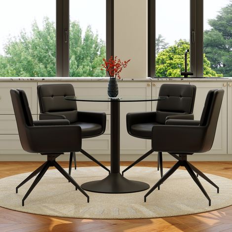 Ensemble table ronde en verre trempé base noire + 4 chaises PU pivotantes 360° noires. Style luxueux discret pour salle à manger contemporaine. (1/5)