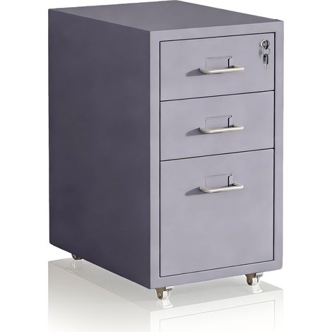 Relaxdays Cajonera con ruedas, 3 cajones, (Al x An x F): 45,5 x 28 x 41 cm, cerradura, archivador móvil, metal, gris