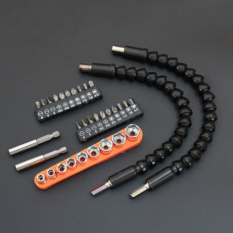 23-teiliges Zubehörset: Akku-Bohrschrauber, elektrische Schraubendreherbits, universeller flexibler Wellenverbinder, doppelseitige Phillips-Bits, leistungsstarke magnetische Schraubendreherbits. (1/4)