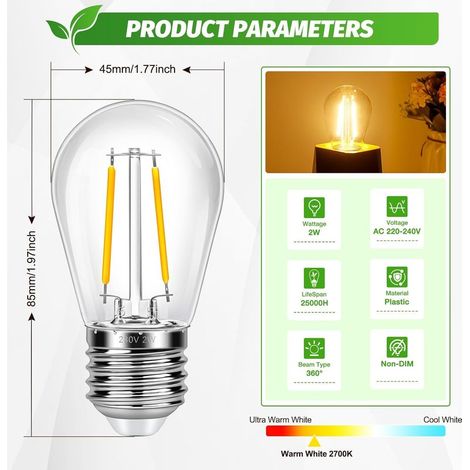 15er-Pack E27 S14 2W Vintage-LED-Glühlampen (entspricht 20W Glühlampen), warmweiß (2700K), 160lm, IP44 wasserdicht, nicht dimmbar, für dekorative Lichterketten im Innen- und Außenbereich. (1/5)