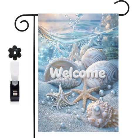 Drapeau de jardin bienvenue 30 x 45 cm motif coquillages et décor marin toile double face extérieure (1/5)