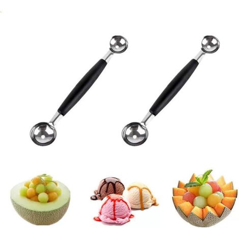 Cuchara doble para melón, diámetro 25/30 mm, juego de 2 cucharas huecas de acero inoxidable de doble cara, forma esférica, para melón, verduras, frutas, cortador de galletas.