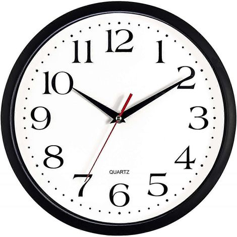 Horloge murale noire silencieuse, à quartz de qualité, fonctionne sur piles, ronde, facile à lire, idéale pour la maison, le bureau, la cuisine, la salle de classe ou l'école. Mouvement à impulsion (1 (1/5)