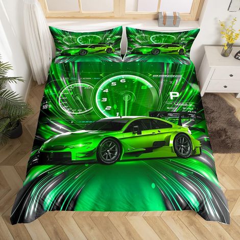 Housse de Couette 140x200 Garçon Voiture de Course, Ensemble de Literie Décoration de Voitures de Sport de Course, Parure de Lit Thème des Sports Extrêmes, Toute La Saison, Vert (1/5)