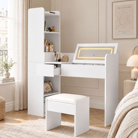 Coiffeuse avec miroir LED rabattable et USB, meuble maquillage avec tabouret, rangements, tiroir et colonne latérale, blanc (1/5)