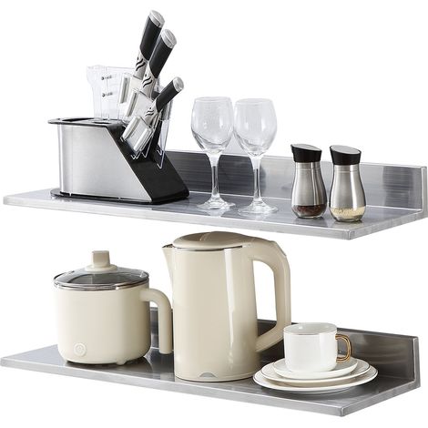 Étagère Murale 2PCs 762x218x85 mm Tablette Flottante en Acier Inoxydable avec Dosseret Charge Max. 20 kg Design Ouvert pour Livres Cadre Photo Plante Épices Salon Bureau Salle de Bains Cuisine (1/5)