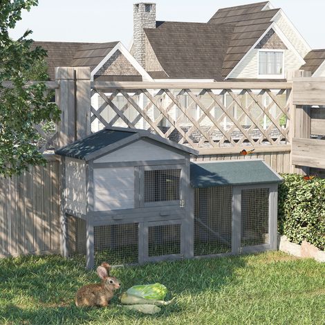 PawHut Clapier cage à lapins rongeurs 2 niveaux clapier lapin nain avec 3 portes verrouillables tiroir à déjection toit intégral bitumé 147L x 54l x 84H cm bois massif pin gris