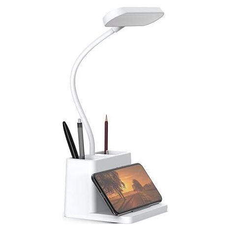 Lampe de bureau LED compacte blanche, lampe de bureau pour chambre, bureau ou ordinateur, rechargeable, col de cygne réglable, lampe de lecture (1/3)