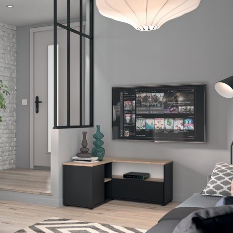 Meuble TV d'angle 90x90x46 cm noir et chêne - SQUAR