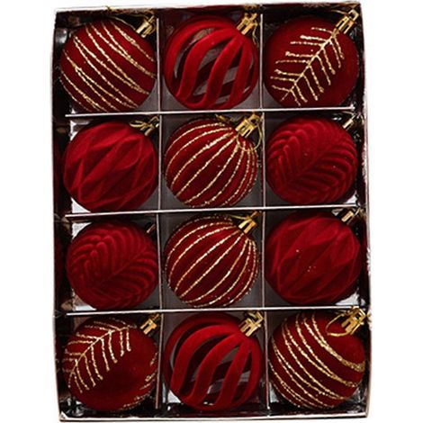 Set mit 12 eleganten, beflockten Samt-Weihnachtsbaumkugeln, stilvolle Hängeanhänger für die weihnachtliche Fensterdekoration (1/5)