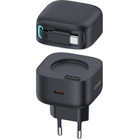 USAMS Ład. siec. 1xUSB-C ze zwijanymkablem USB-C Retractable PD+QC 35W Gan Fast Charging czarny/black XMF Series CC202TC01 (US-CC202) (1/5)