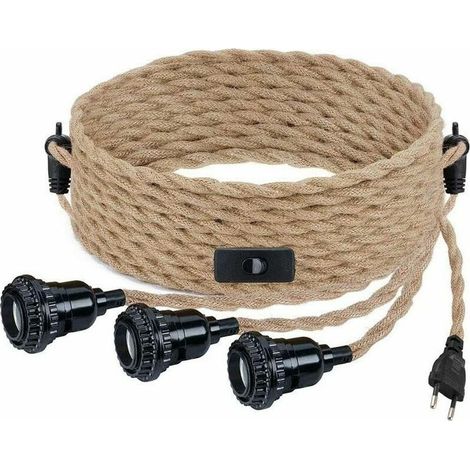 DIY-Pendelleuchte mit Hanfseil, Textilkabel, 3×E27-Fassung, Schalter und Stecker, Retro-Lampe mit 9 Metern Kabel, geeignet für Esstisch, Café, Wohnzimmer und Schlafzimmer [Klasse (1/5)