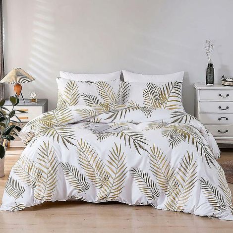 set Housse De Couette 220x240 Cm 2 Personnes Et 2 X Taies D'oreiller 50x75 Cm 100% Microfibre Parure De Linge De Lit Motif Feuilles Tropicales Dor